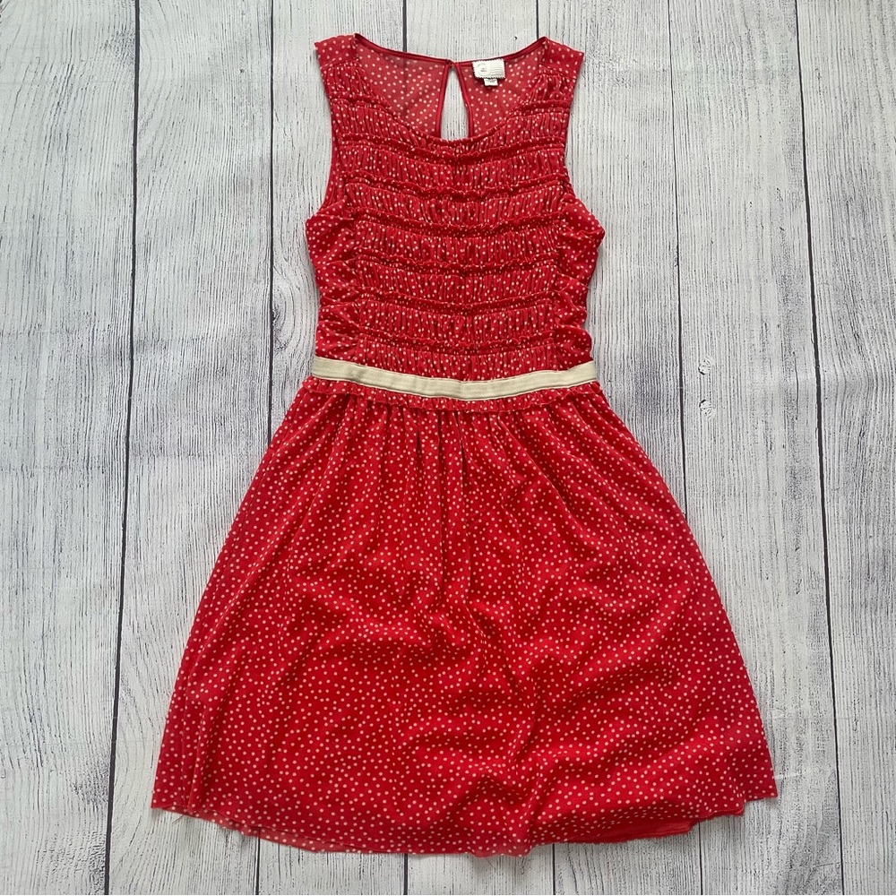 Anthropologie Postmark Red & White Polka Dot Ruched Dress Size Small